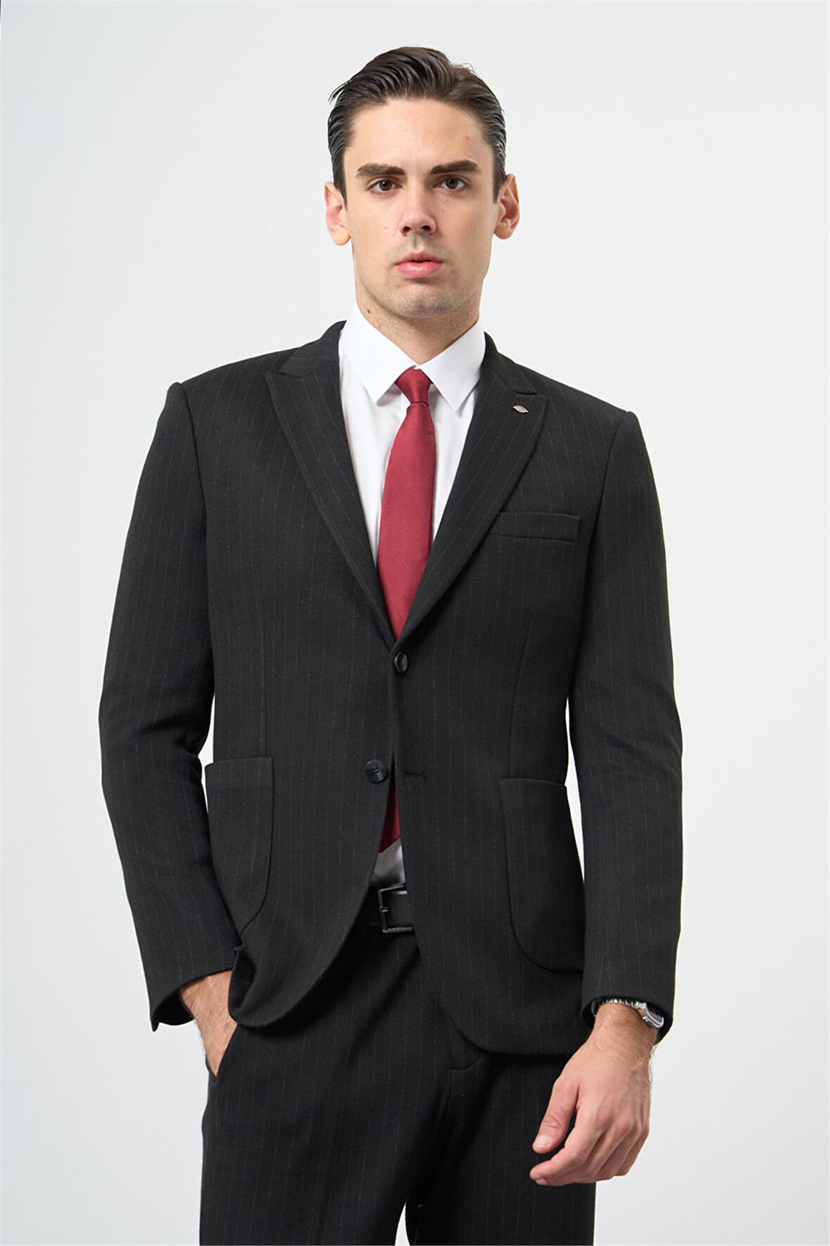 Siyah Çizgili Desen Örme Kılıç Yaka Astarsız Çift Yırtmaç 2 Düğme Beli Lastikli 6 Drop Slim Fit Classic Takım Elbise 1001245170