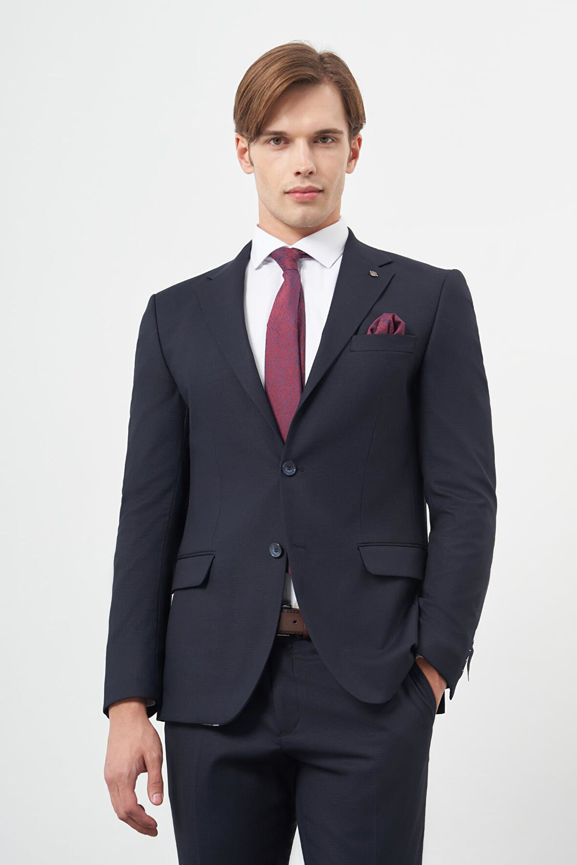 Koyu Lacivert Armürlü Mono Yaka Tam Astar Esnek 6 Drop Slim Fit Classic Takım Elbise 1001245175