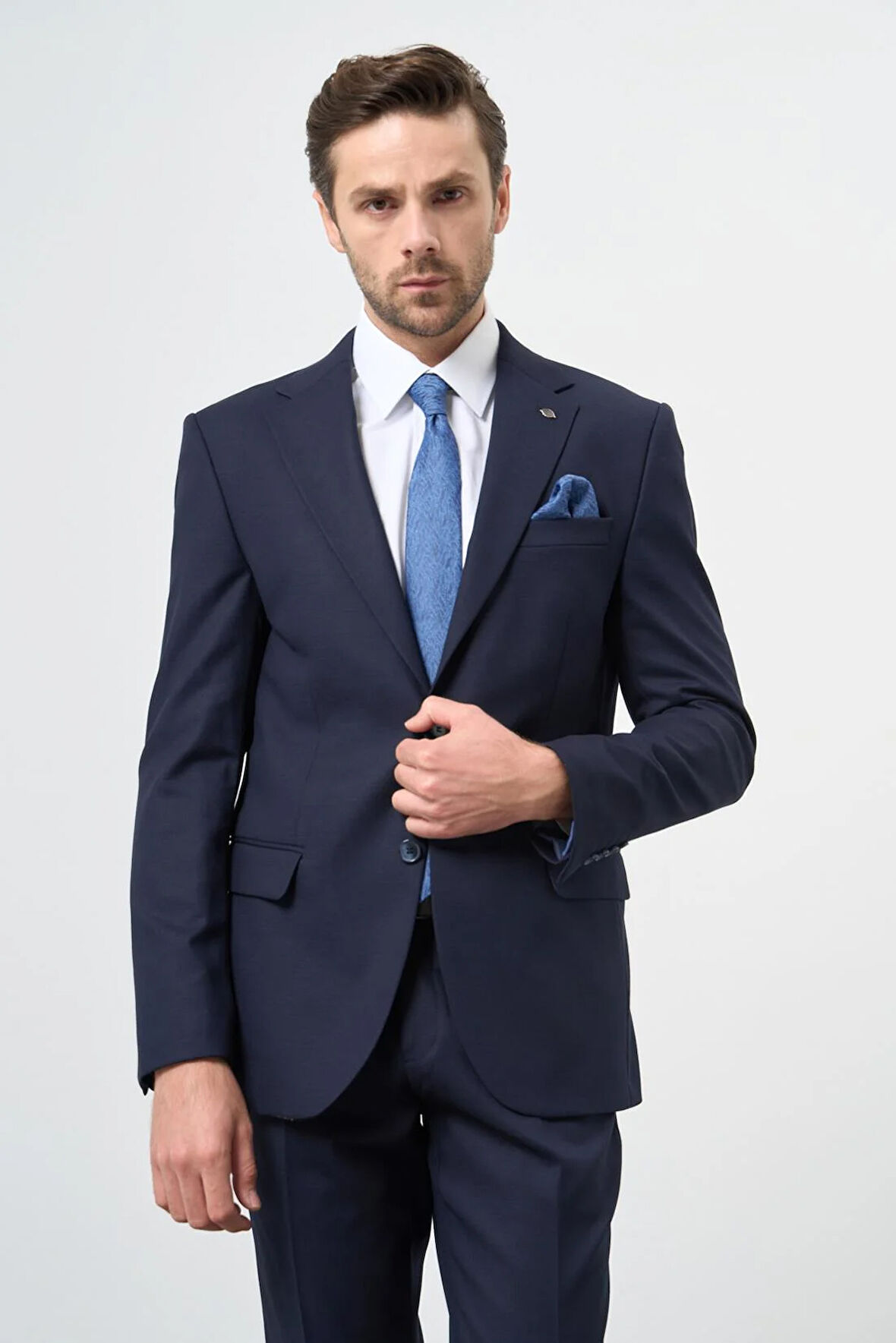 Lacivert Armürlü Mono Yaka Tam Astar Esnek 6 Drop Slim Fit Classic Takım Elbise 1001245175