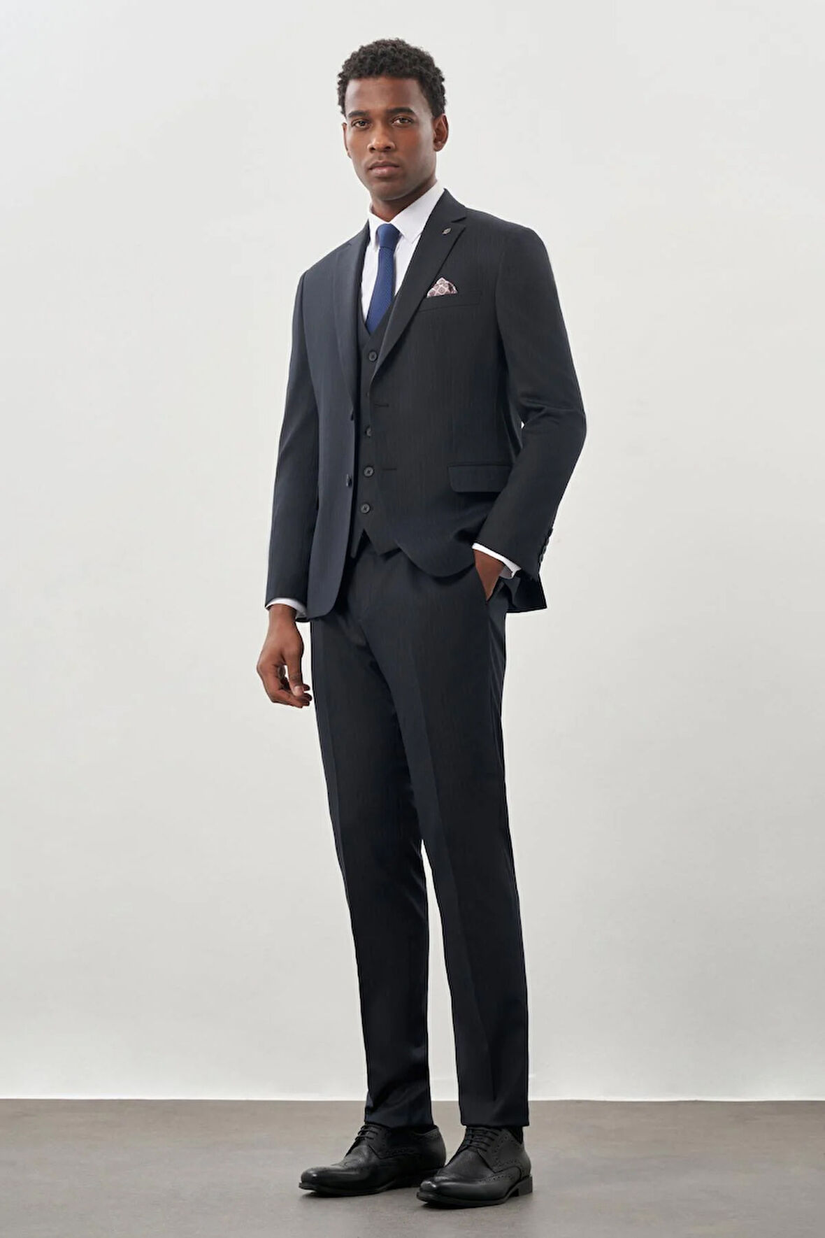 Koyu Lacivert Bez Ayağı Kılıç Yaka Tam Astar Yelekli 6 Drop Slim Fit Takım Elbise 1001245177