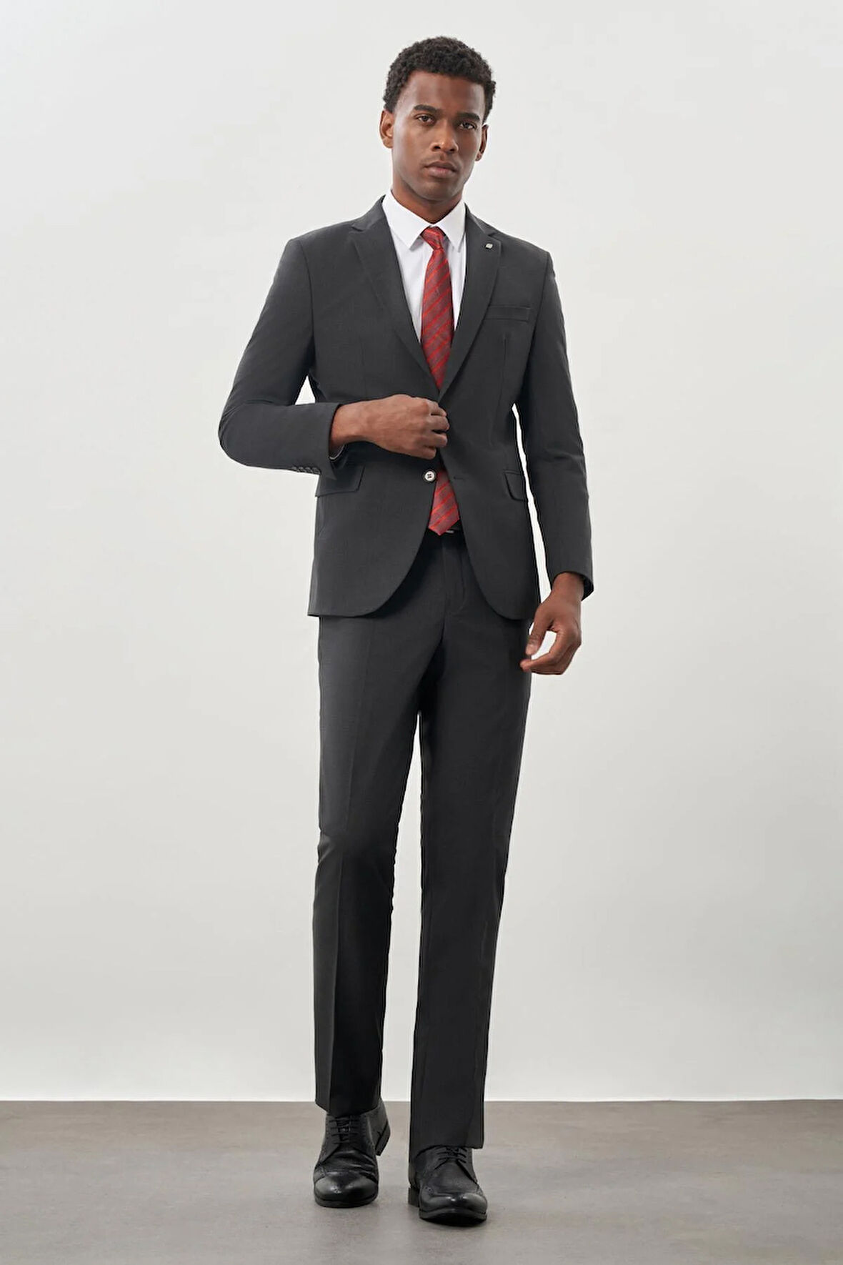 Koyu Antrasit Düz Bez Ayağı Mono Yaka 2 Düğme Yünlü 6 Drop Comfort Fit Classic Takım Elbise 1001245180_070