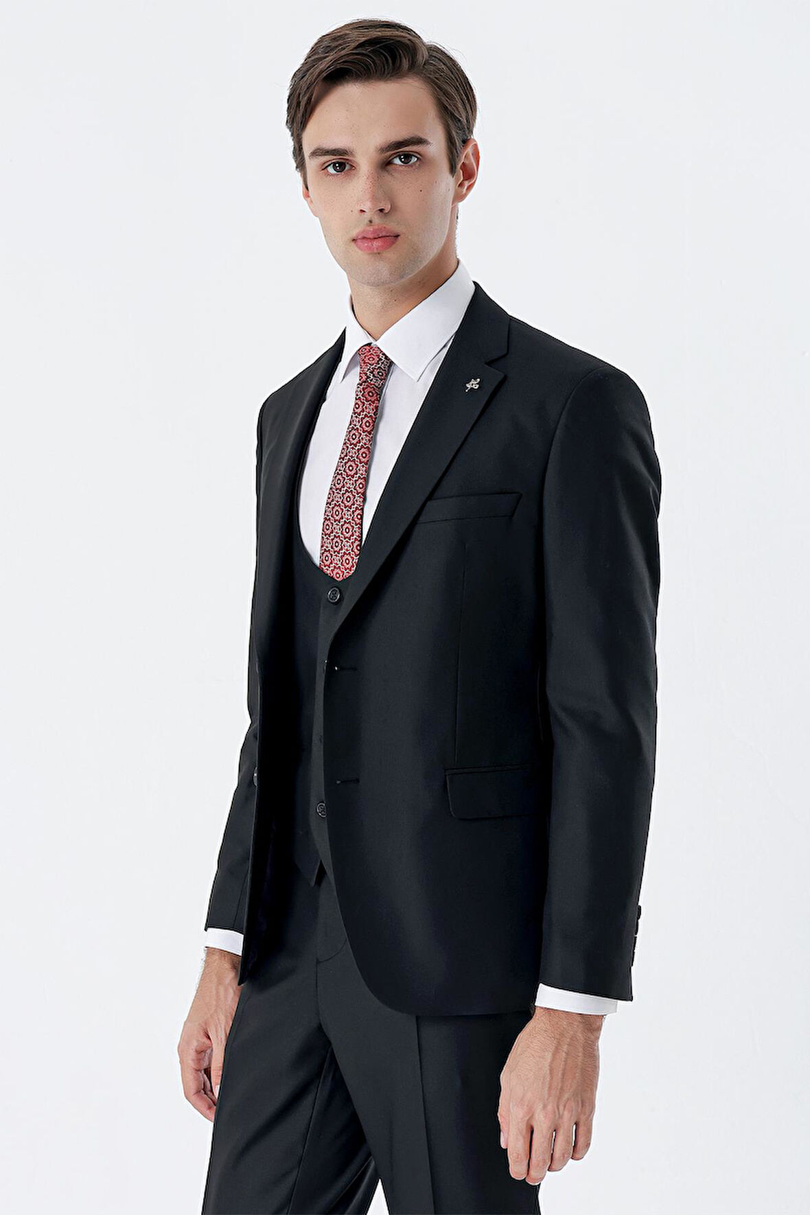 Siyah Mono Yaka Çift Yırtmaç Yelekli 6 Drop Slim Fit Dar Kesim Basic Takım Elbise 1001245186