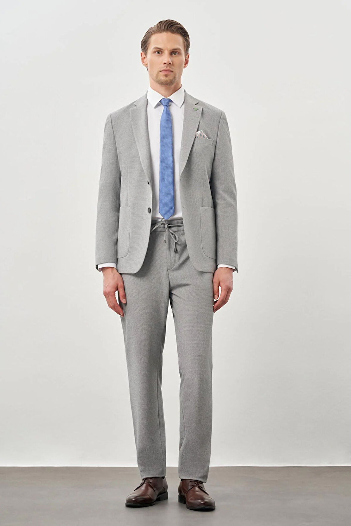 Gri Desenli Gofreli Mono Yaka Malzemesiz Beli Lastikli Esnek 6 Drop Slim Fit Casual Takım Elbise 1001245270