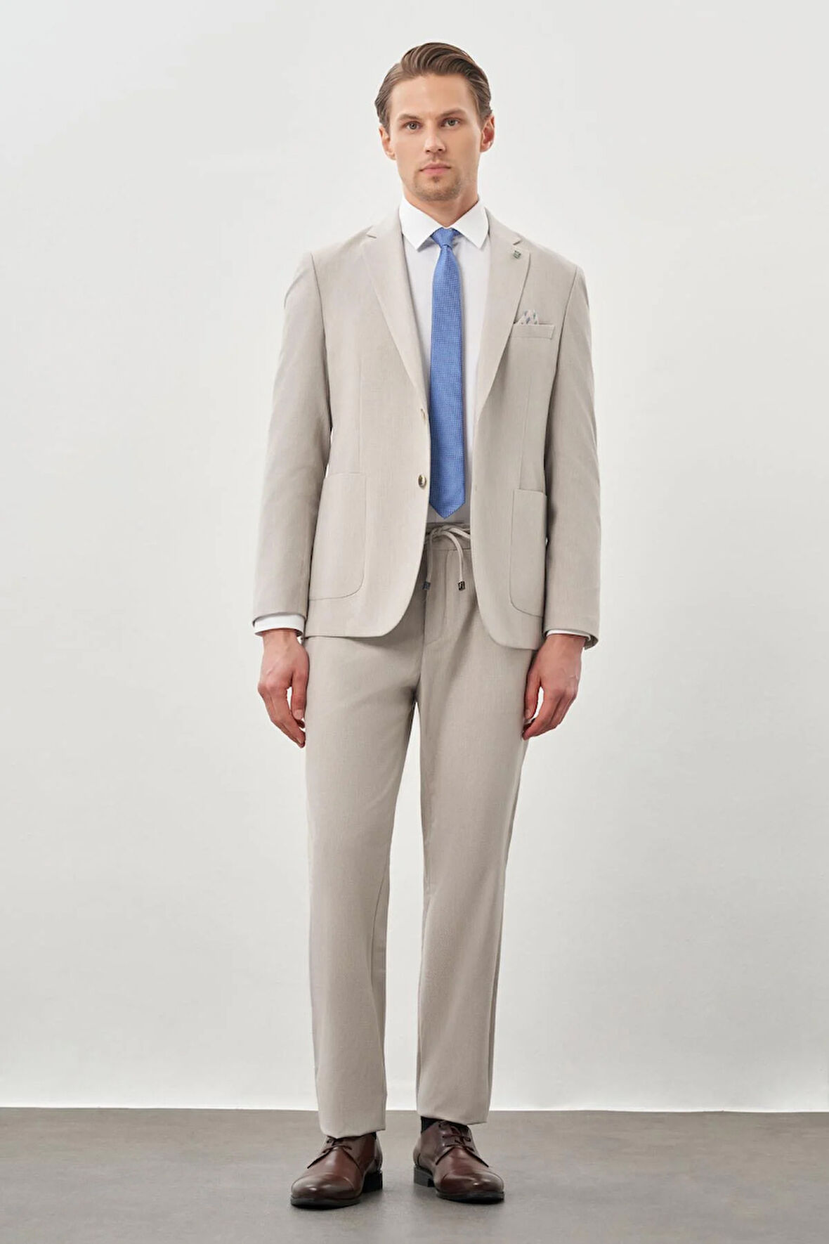 Açık Bej Desenli Gofreli Mono Yaka Malzemesiz Beli Lastikli Esnek 6 Drop Slim Fit Casual Takım Elbise 1001245270
