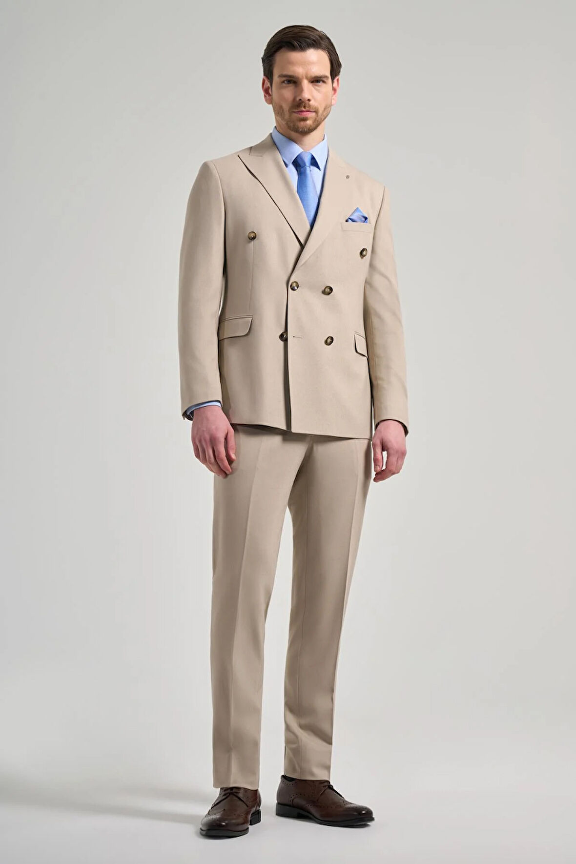 Koyu Krem Düz Bez Ayağı Kruvaze Esnek 6 Drop Slim Fit Classic Takım Elbise 1001250108_653