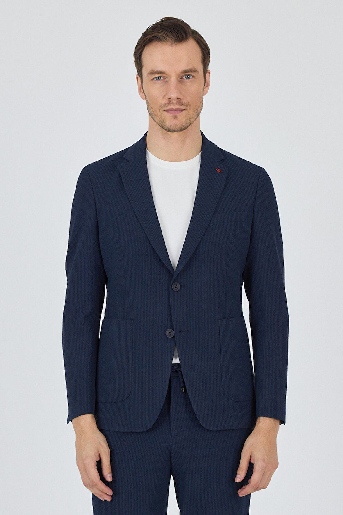 Koyu Lacivert Gofreli Mono Yaka Esnek 6 Drop Slim Fit Classic Takım Elbise 1001250117