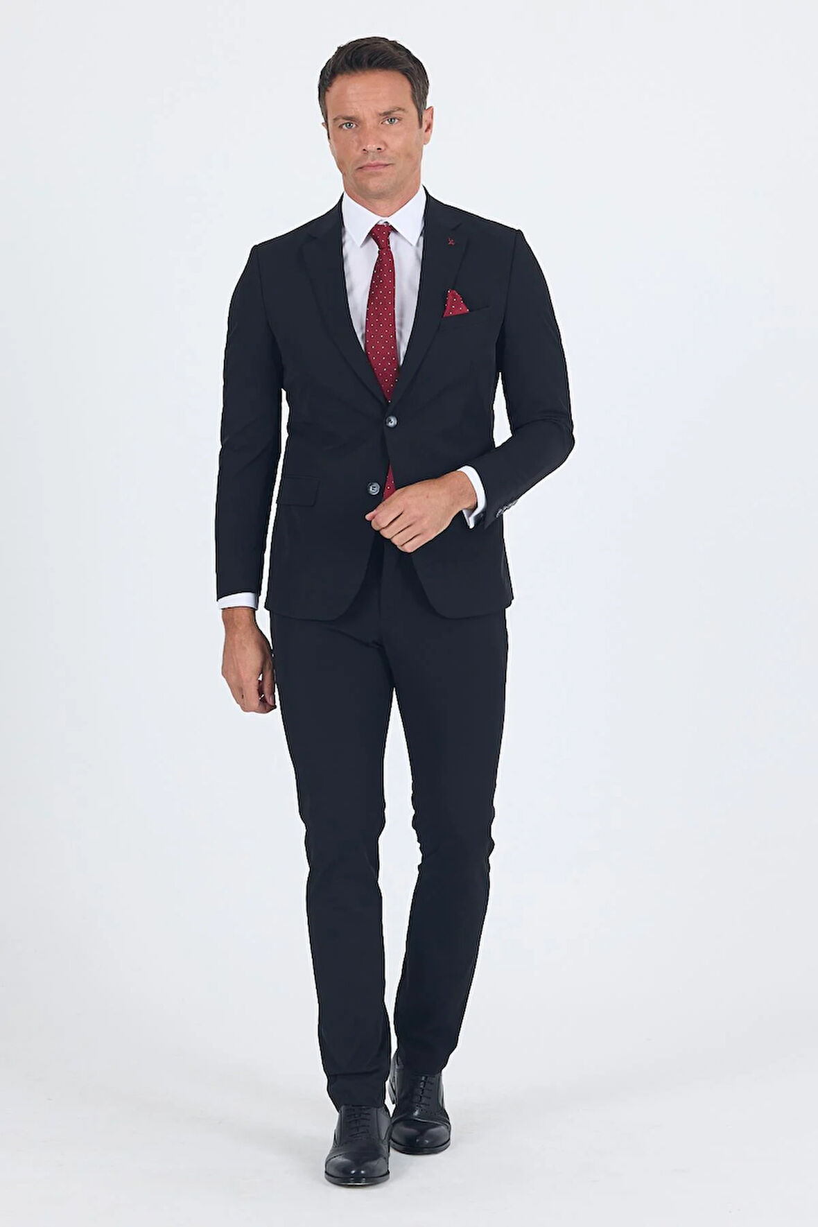Siyah Mono Yaka Yarım Astar 6 Drop Slim Fit   Beli Lastikli Takım Elbise 1001250121