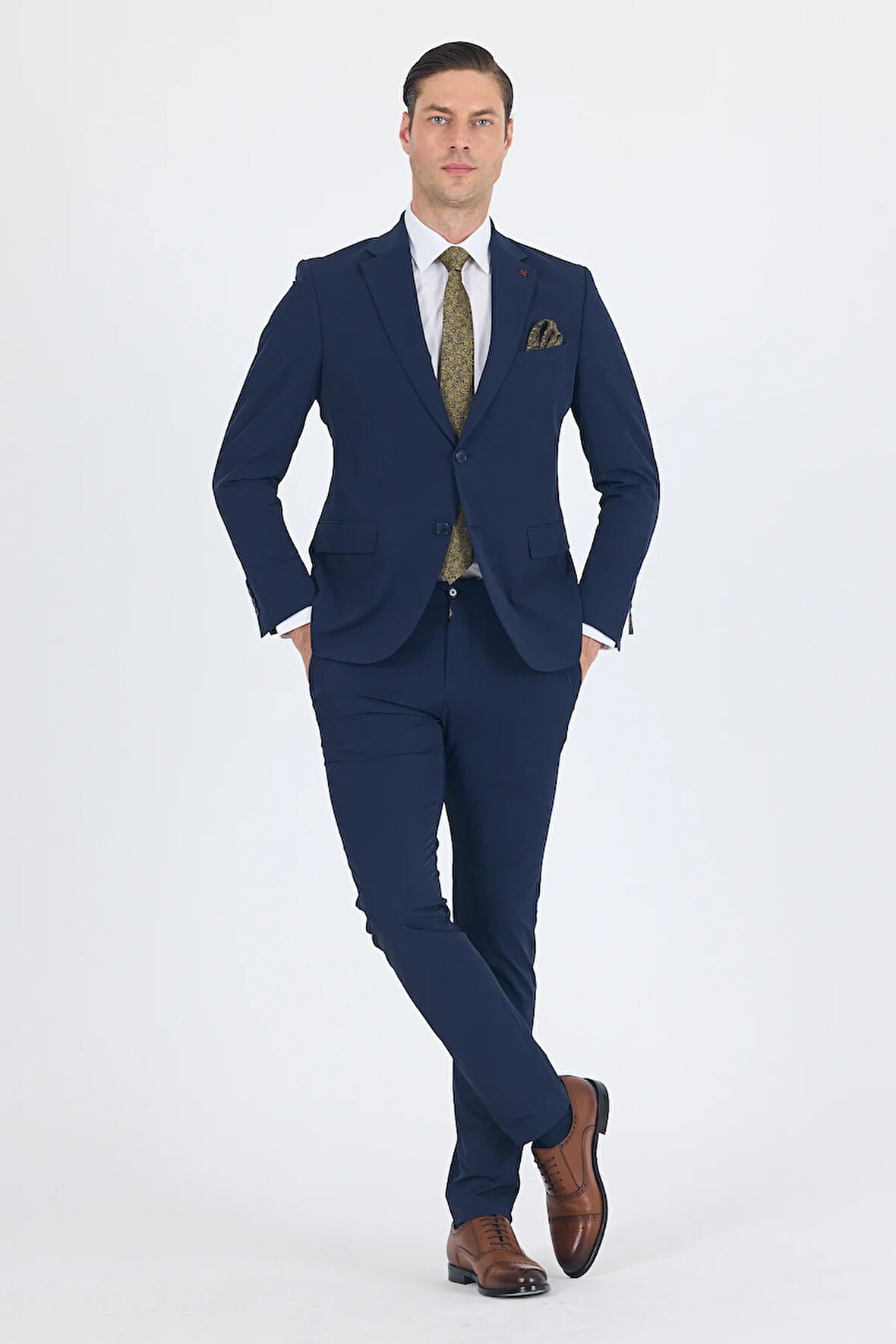 Lacivert Mono Yaka Yarım Astar 6 Drop Slim Fit   Beli Lastikli Takım Elbise 1001250121