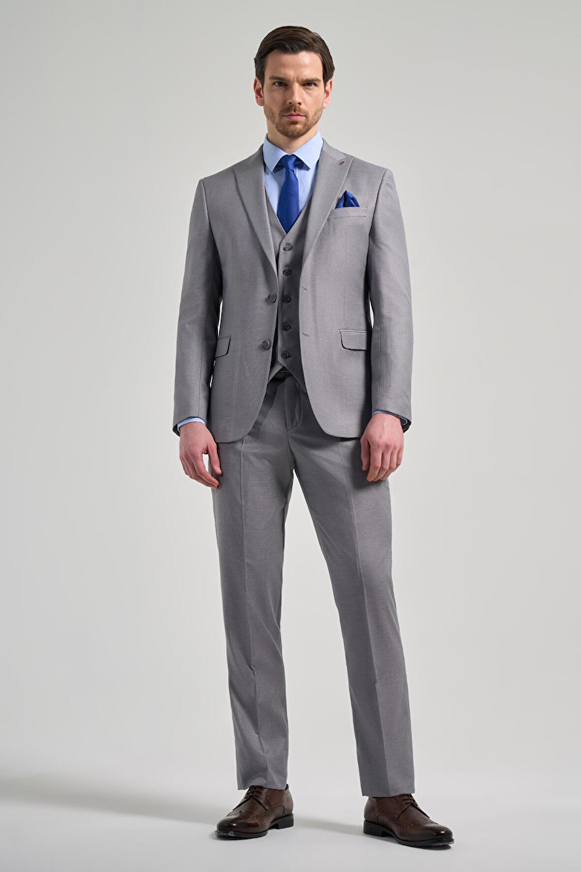 Gri Kılıç Yaka Kendinden Desenli 2 Düğme Classic Esnek Slim Fit Takım Elbise 1001250157