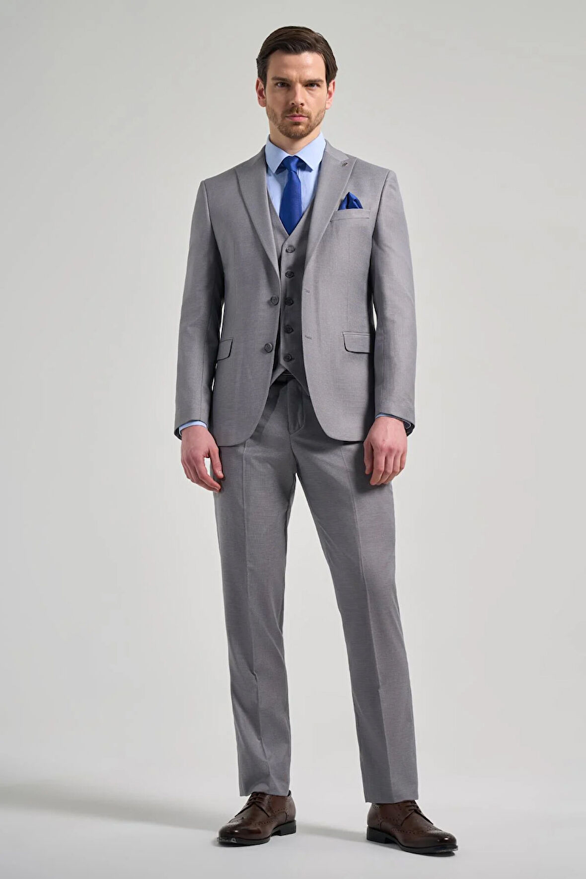 Gri Kılıç Yaka Kendinden Desenli 2 Düğme Classic Esnek Slim Fit Takım Elbise 1001250157