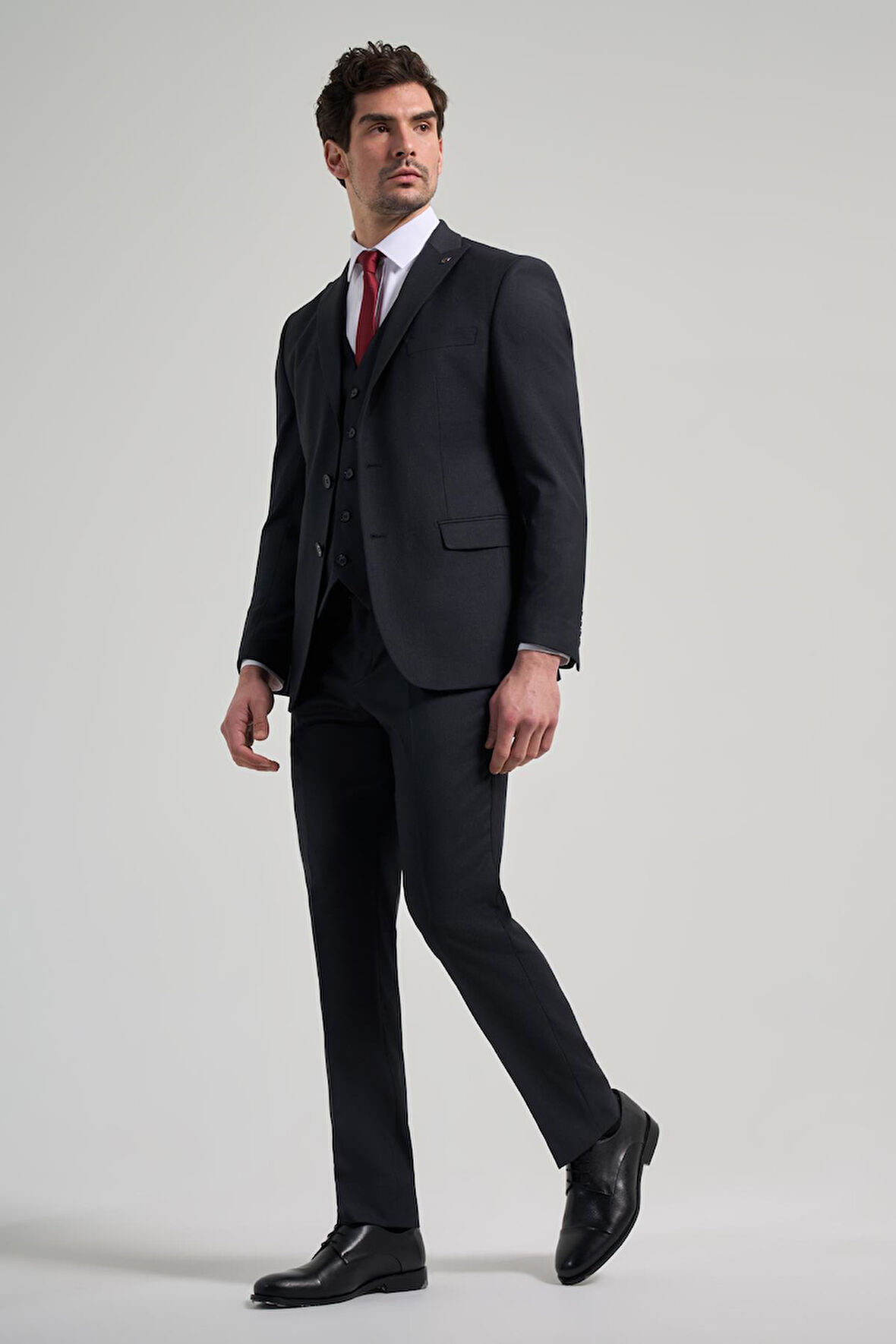 Koyu Lacivert Kılıç Yaka Çizgili Desen 2 Düğme Classic Esnek Slim Fit Takım Elbise 1001250158