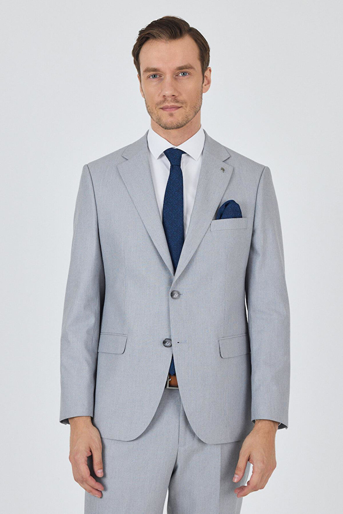 Gri Mono Yaka Desenli Astarlı Çift Yırtmaç Esnek 6 Drop Comfort Fit Classic Takım Elbise 1001250161