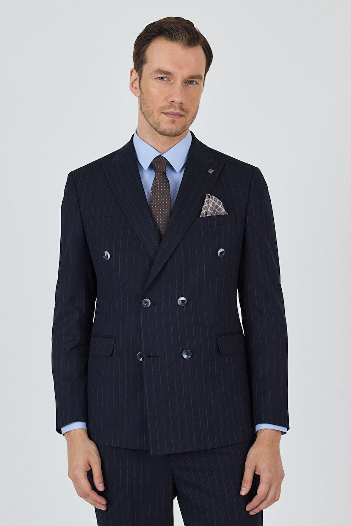Koyu Lacivert Kılıç Yaka Çizgili Desen Kruvaze Classic Esnek Slim Fit Takım Elbise 1001250173