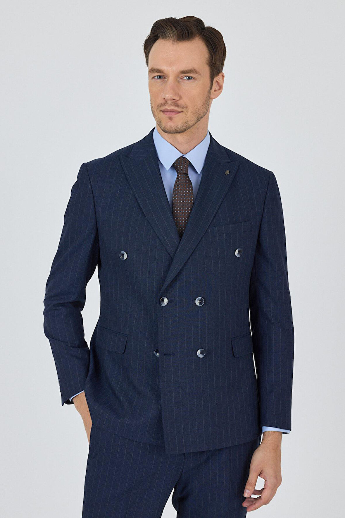 Lacivert Kılıç Yaka Çizgili Desen Kruvaze Classic Esnek Slim Fit Takım Elbise 1001250173