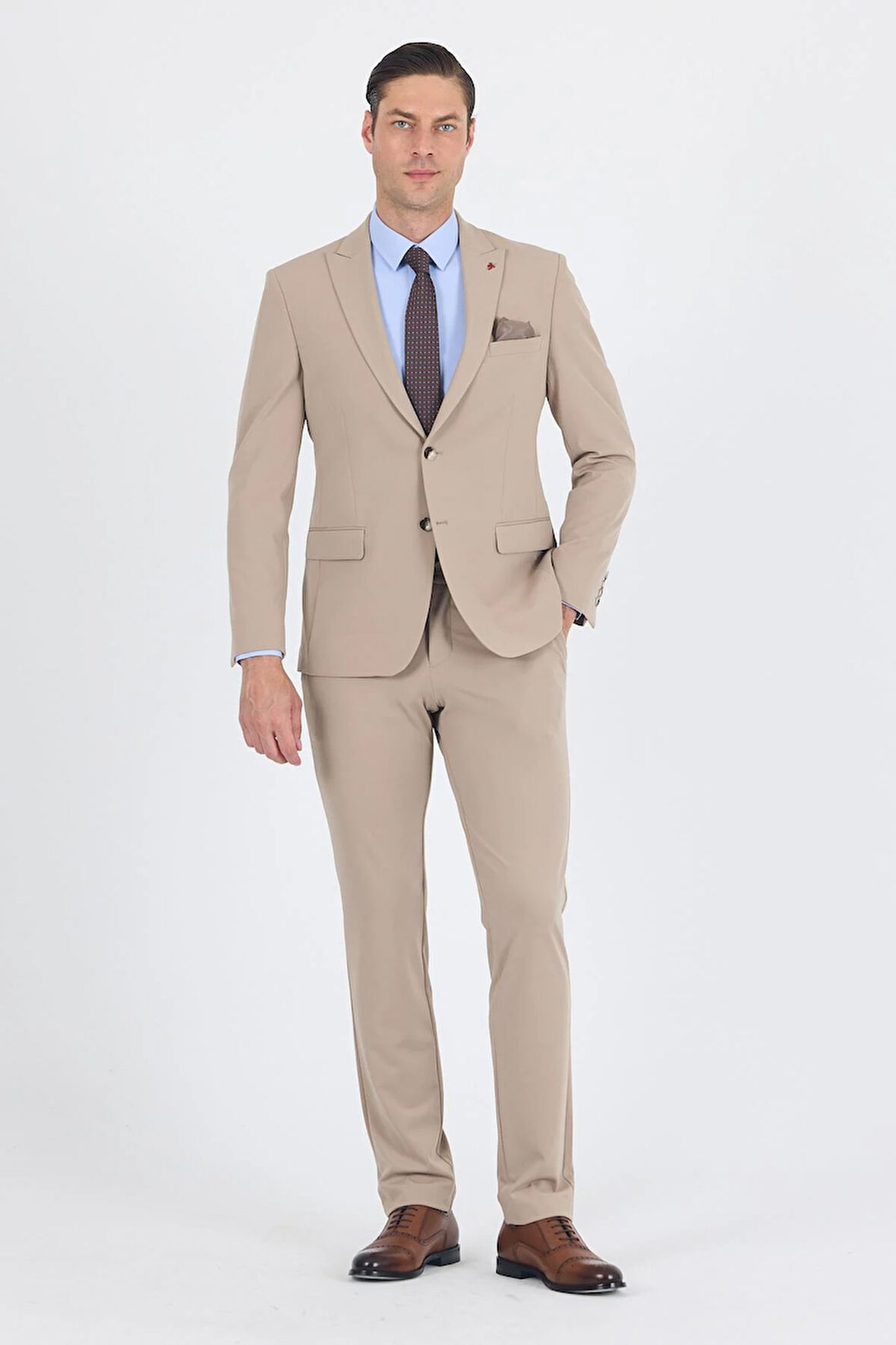 Koyu Bej Kırlangıç Yaka Kelebek Astar 6 Drop Slim Fit   Beli Lastikli Takım Elbise 1001250176