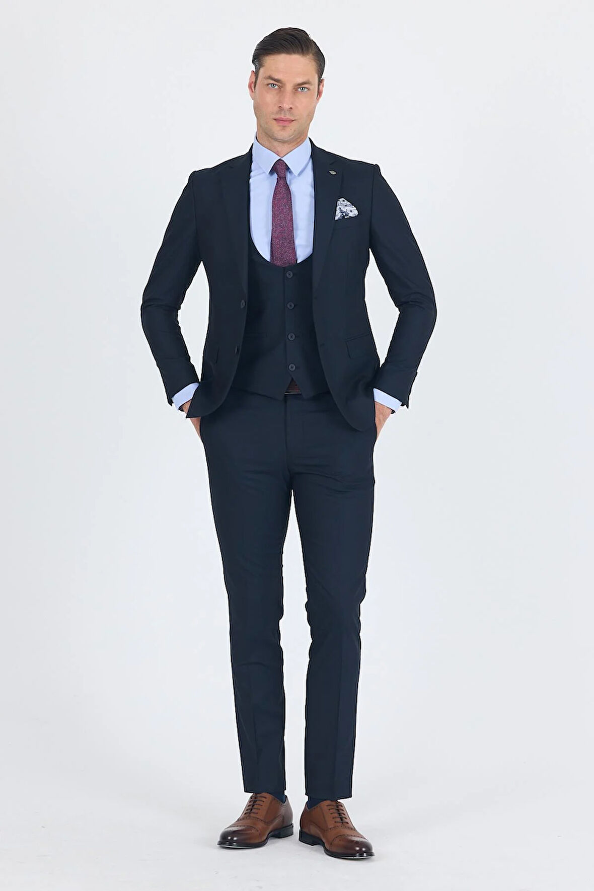 Lacivert Düz Bez Ayağı Mono Yaka 2 Düğme 6 Drop Slim Fit Basic Takım Elbise 1001250186_206