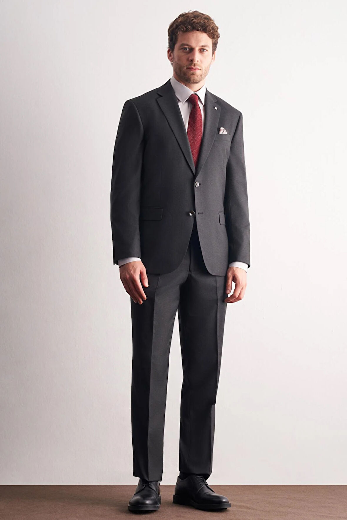 Antrasit Mono Yaka Kendinden Çizgili Desen Esnek 4 Drop Comfort Fit Classic Takım Elbise 1001255159