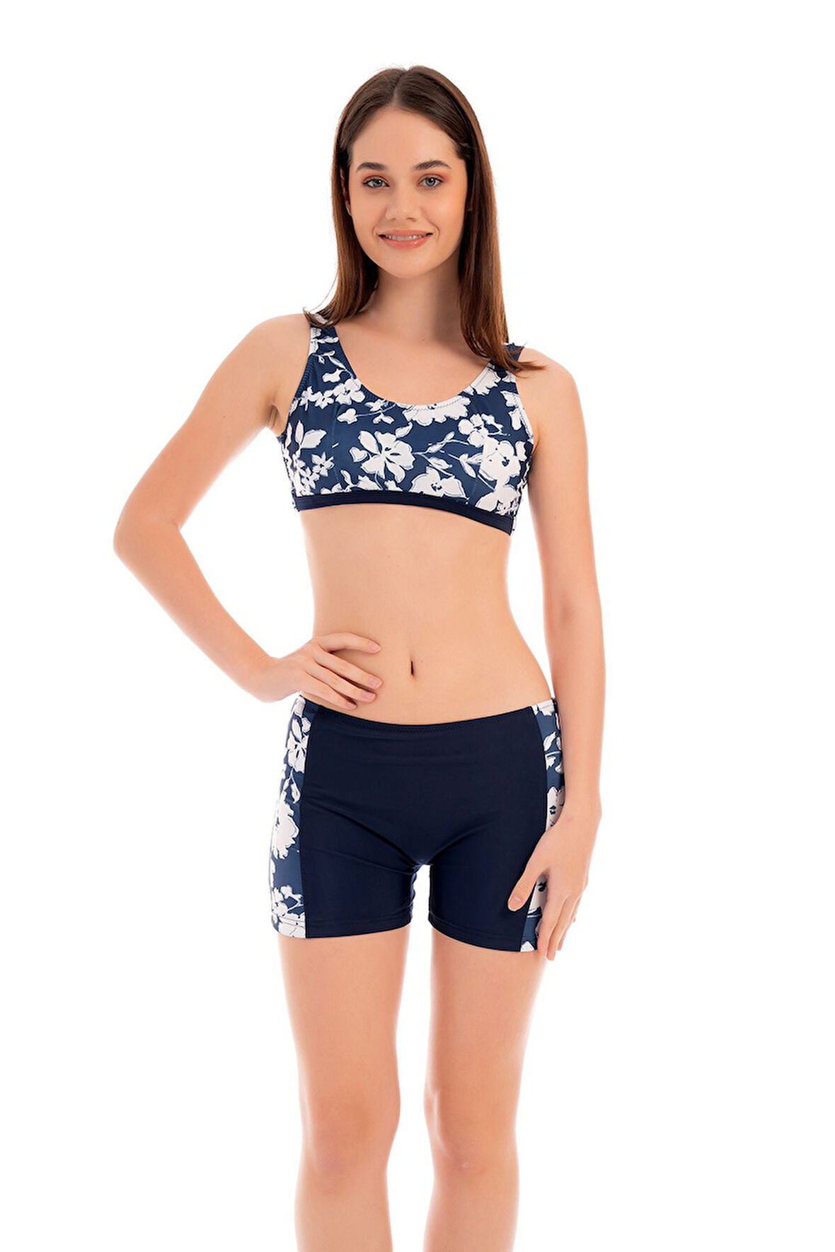 RUKOMAYO LACİVERT ÇİÇEK DESENLİ OMUZDAN ASKILI FREESET MODEL ŞORTLU LYCRA KUMAŞ BİKİNİ