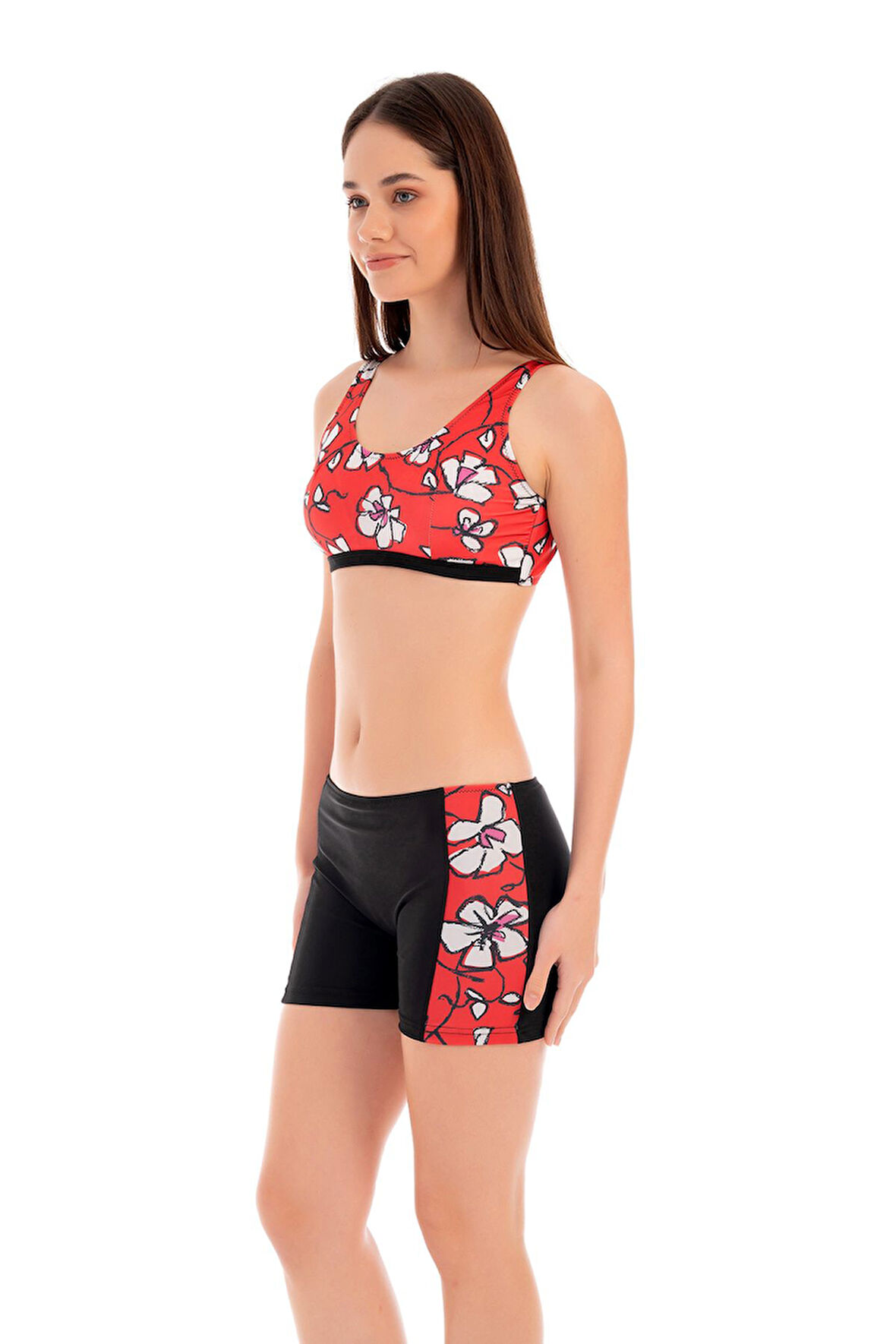 RUKOMAYO SİYAH KIRMIZI ÇİÇEK DESENLİ OMUZDAN ASKILI FREESET MODEL ŞORTLU LYCRA KUMAŞ BİKİNİ