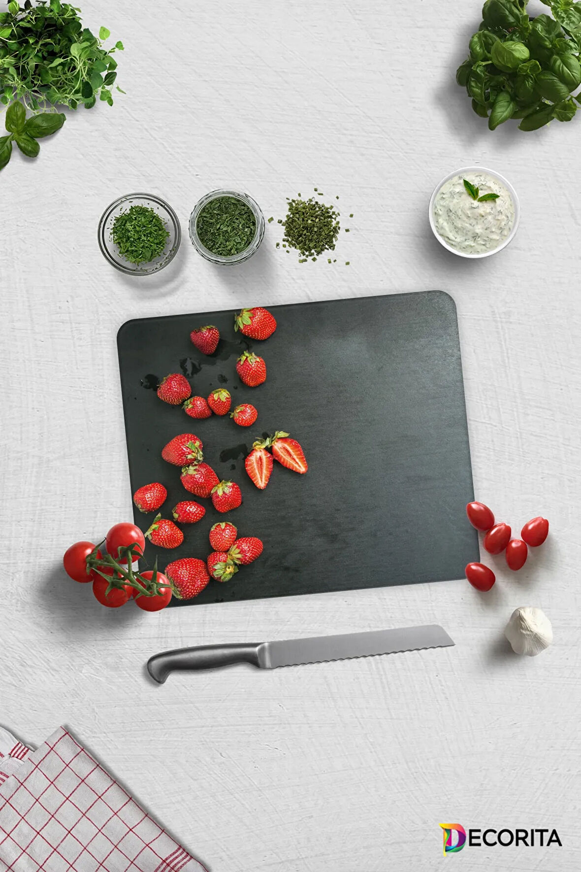 Cam Kesme Tahtası - Cam Kesme Tablası | Çilek Desen | 29cm x 34cm