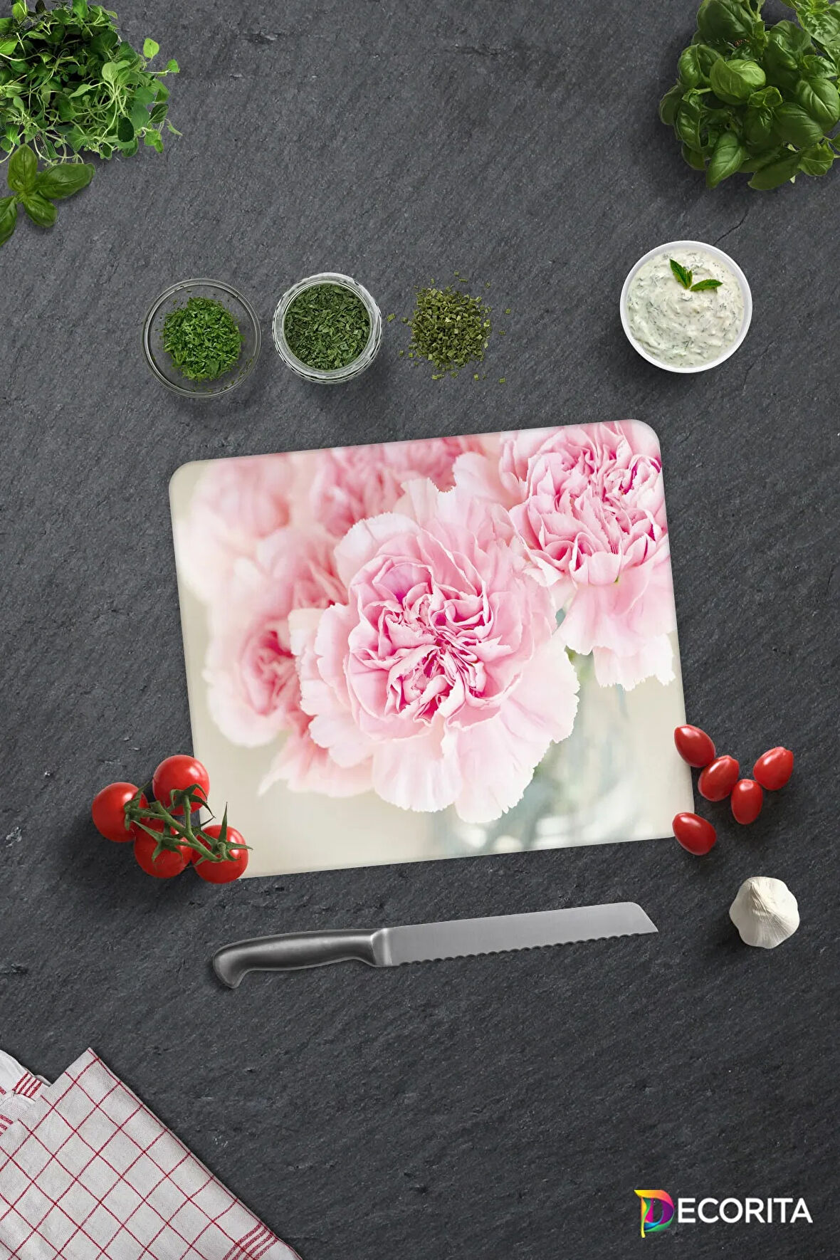 Cam Kesme Tahtası - Cam Kesme Tablası | Pembe Krizantem | 29cm x 34cm