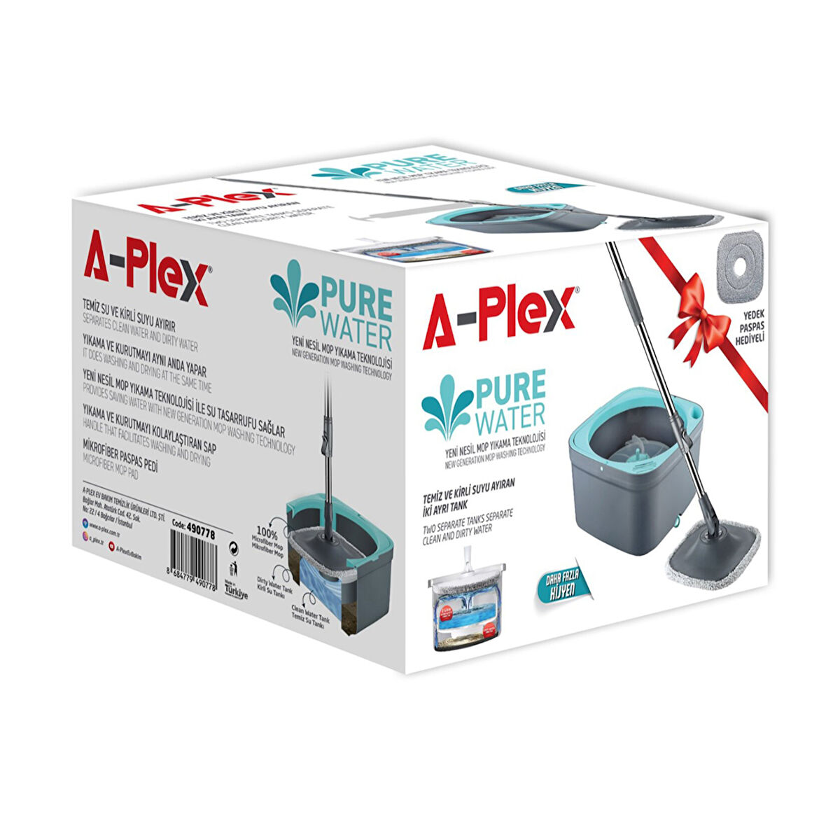 A Plex Pure Water Temizlik Seti Kare Mop + 1 Yedek