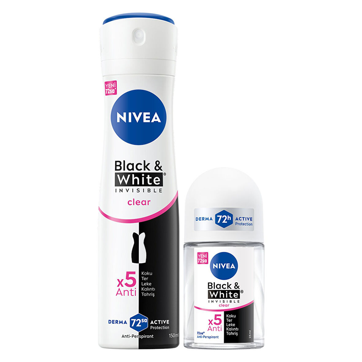 NIVEA Kadın Sprey Deodorant Black&White Invisible Clear 150 Ml ve Mini Roll-on 25 Ml