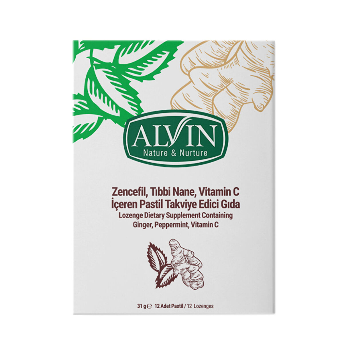 Alvin Pastil Zencefil Tıbbi Nane Vitamin C 12'li 31 G