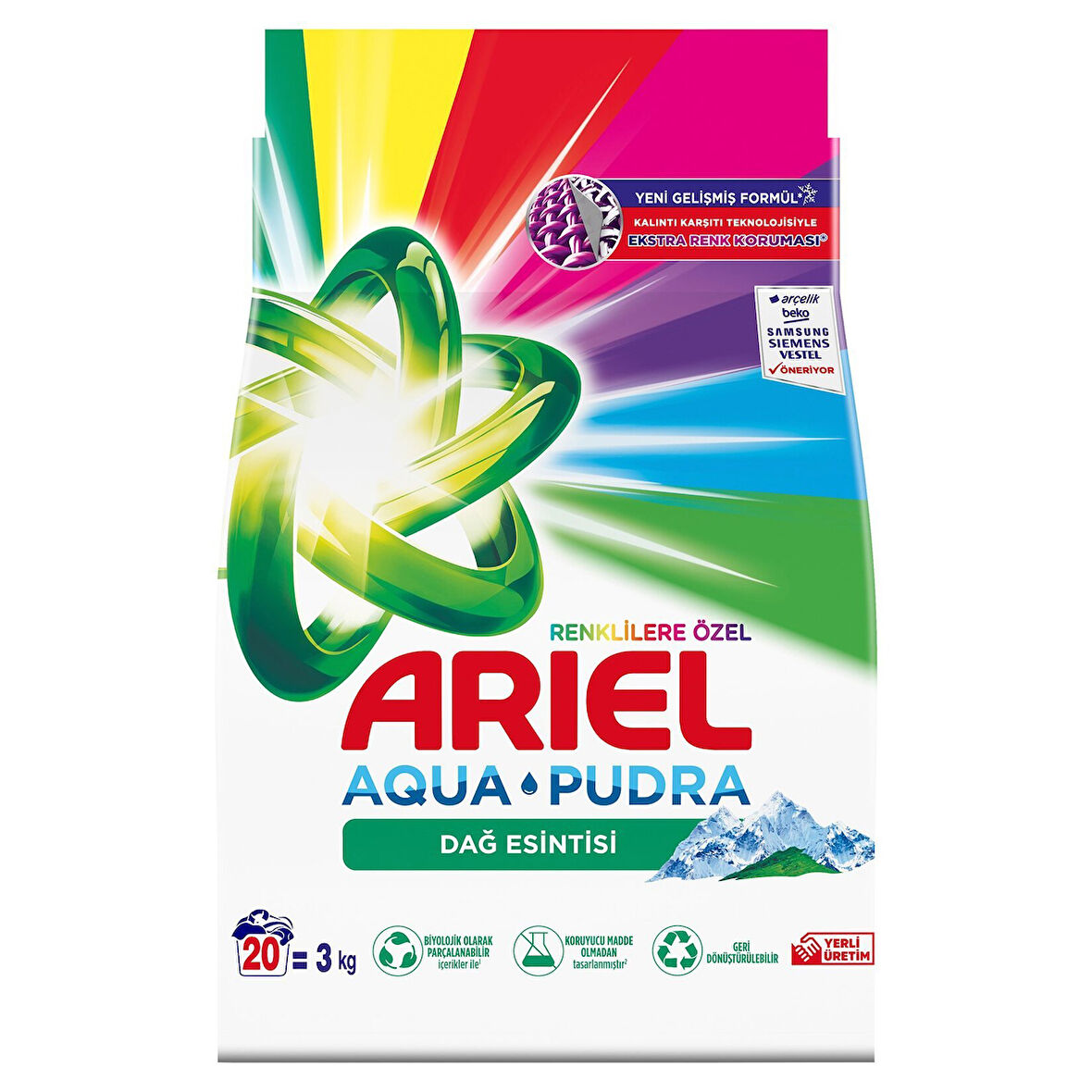 Ariel Dağ Esintisi Renkliler Toz Çamaşır Deterjanı 3 Kg 20 Yıkama 2 ADET