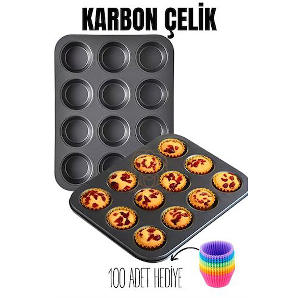 Findit 12 li Muffin Kalıbı Teflon Çelik 100 Muffin Kağıtlı