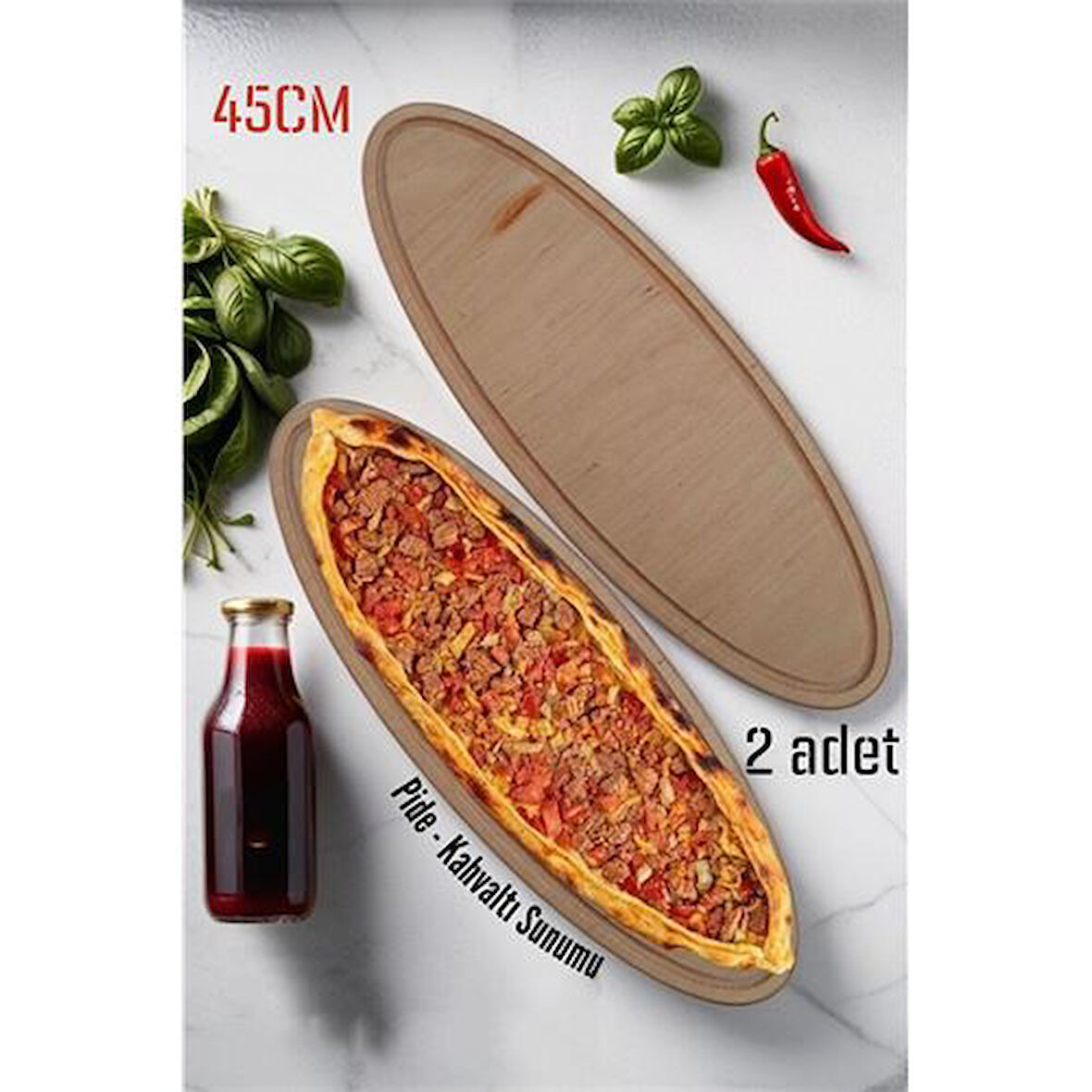 Ahşap Pide Sunum ve Kesim Tahtası 2 adet 45 Cm