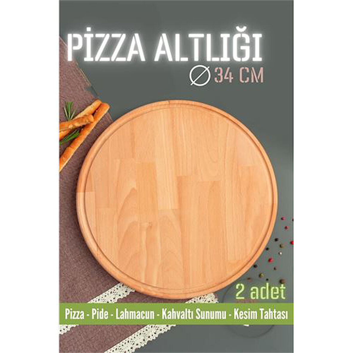 Ahşap Pizza Lahmacun Pide Sunum ve Kesim Tahtası 34 cm 2 ADET