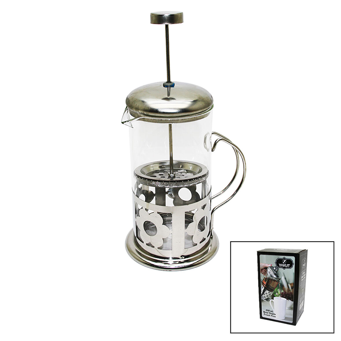 FRENCH PRESS 600ML CAM BİTKİ SÜZGEÇİ METAL KAFES - KAPAK-Findit