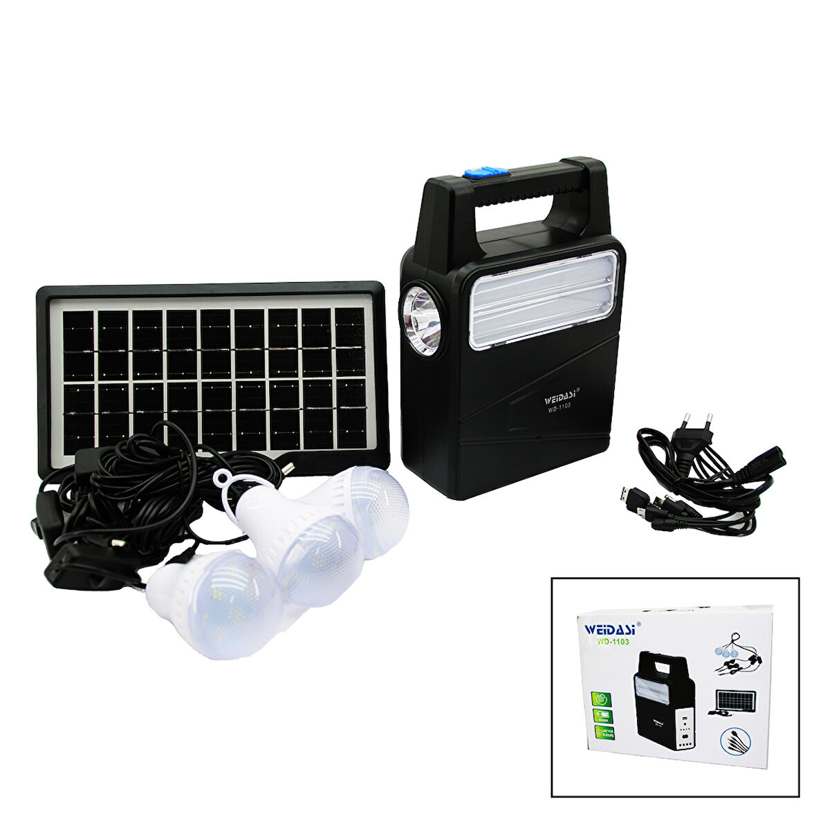 SOLAR SEYYAR PANELLİ - FİŞ ŞARJLI 2İN1 DİKEY MODEL EL FENERİ  - 3 PARÇA  AMPUL KABLOLU - PO WERBANK-Findit