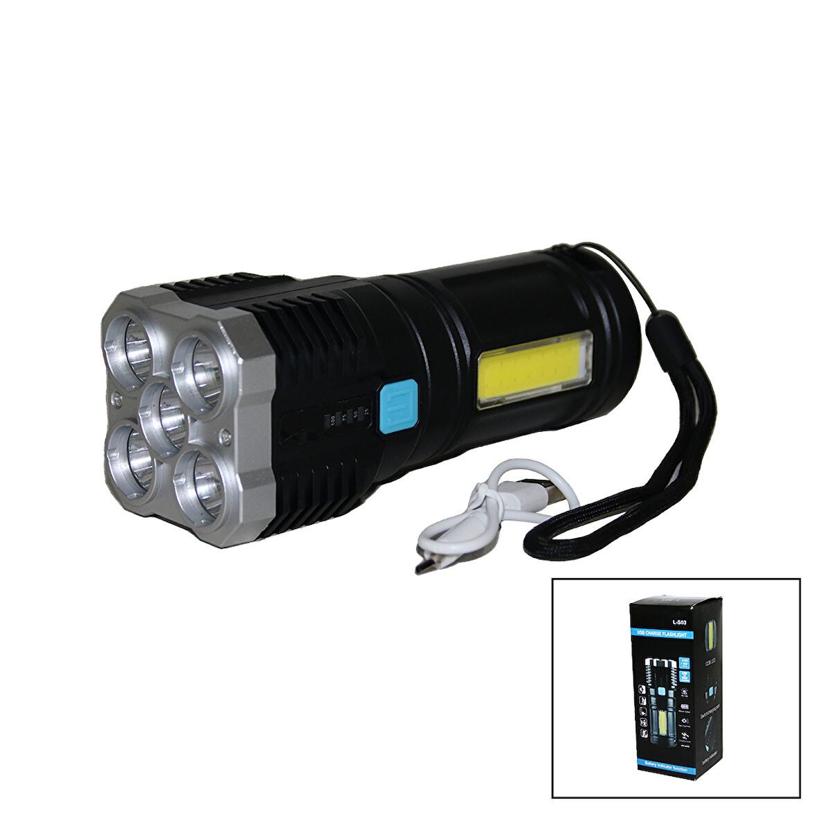 5IN1 + COB LED USB ŞARJLI EL FENERİ-Findit