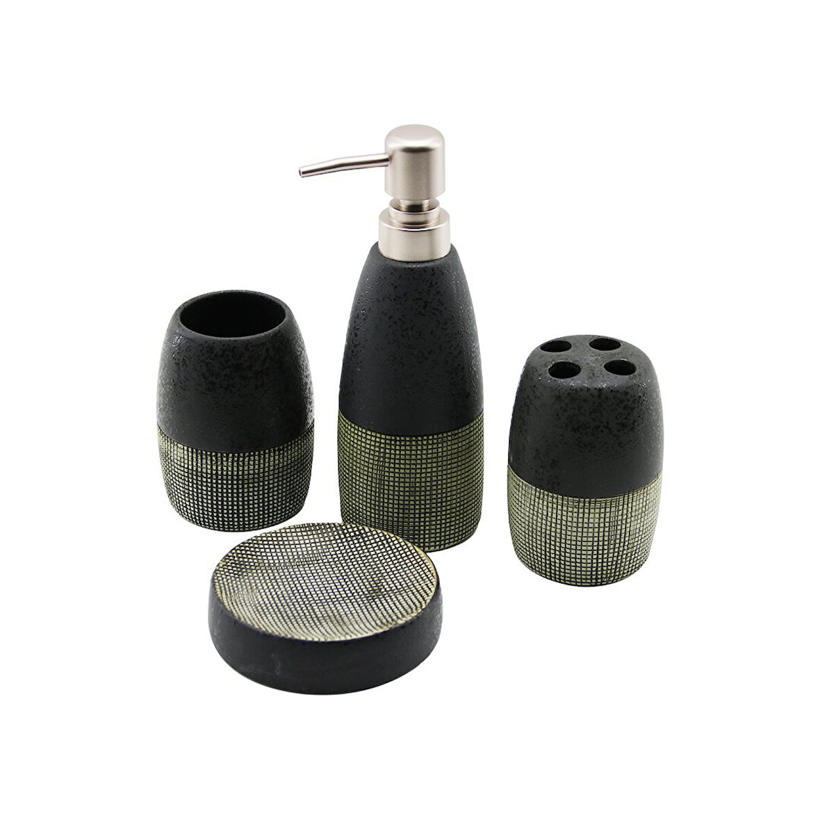 4 PCS ANTRASİT GRİ - KREMSERAMİK BANYO TEMİZLİK SETİ SIVI - KATI SABUNLUK - DİŞ FIRÇALIK - MACUNLUK-Findit
