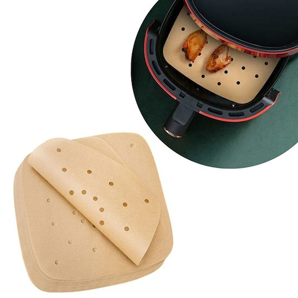 100 Adet Air Fryer Pişirme Kağıdı Tek Kullanımlık Hava Fritöz Yapışmaz Yağlı Kağıt Delikli  Model-Findit