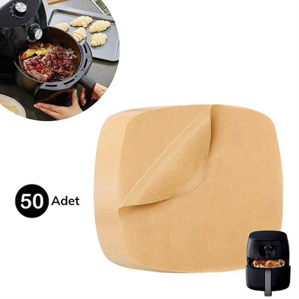 50 Adet Air Fryer Pişirme Kağıdı Tek Kullanımlık Yağ Su Geçirmez Yapışmaz Deliksiz Düz Kare Model-Findit