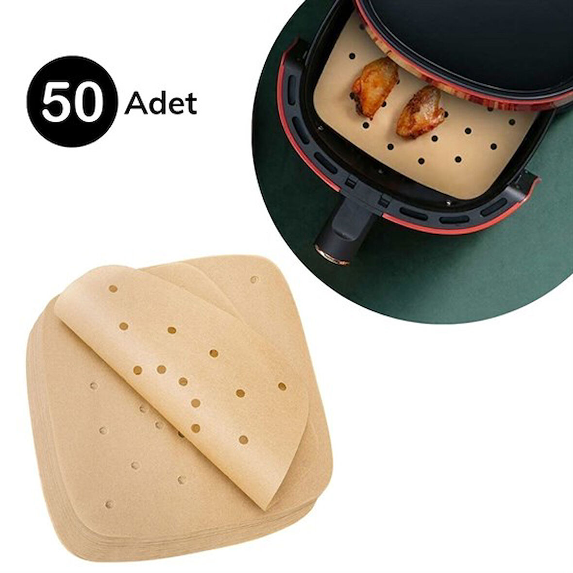 50 Adet Air Fryer Pişirme Kağıdı Tek Kullanımlık Hava Fritöz Yapışmaz Yağlı Kağıt Delikli Model-Findit
