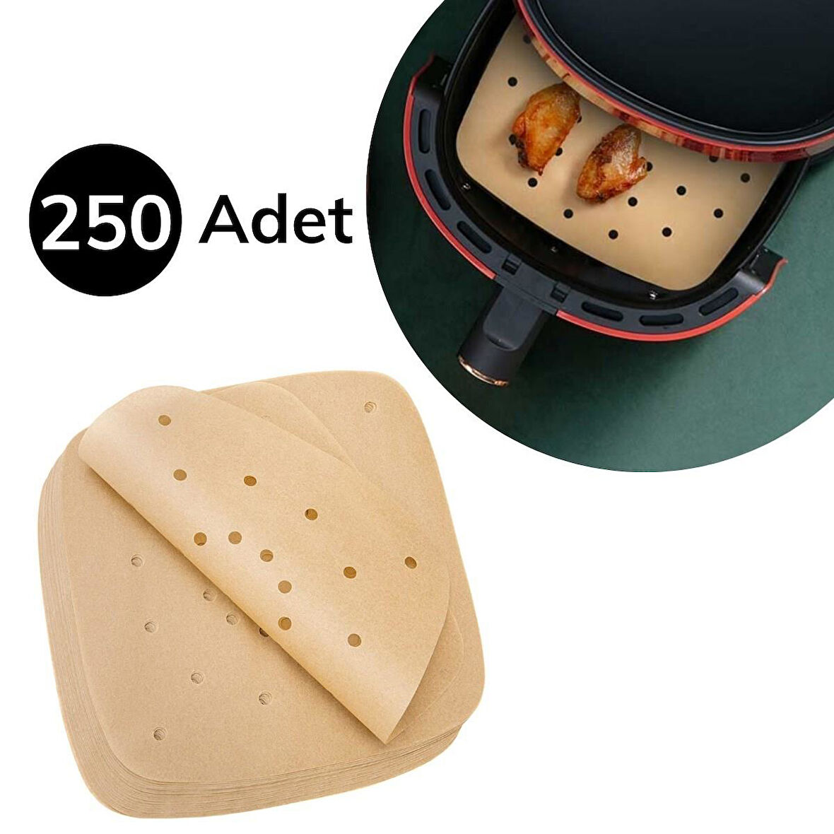 250 Adet Air Fryer Pişirme Kağıdı Tek Kullanımlık Hava Fritöz Yağ Geçirmez Yapışmaz Gıda Pişirme Kağıdı Delikli Kare Model-Findit