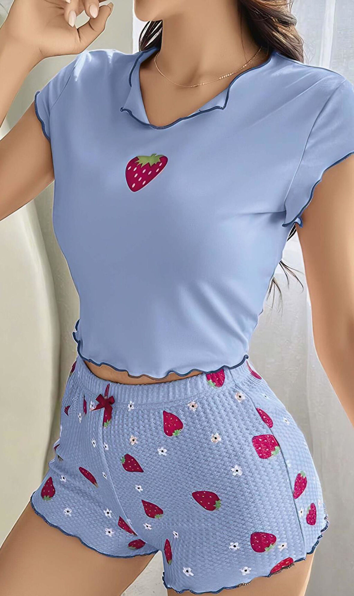 Çilek Desenli Mavi Seksı Pijama Takım