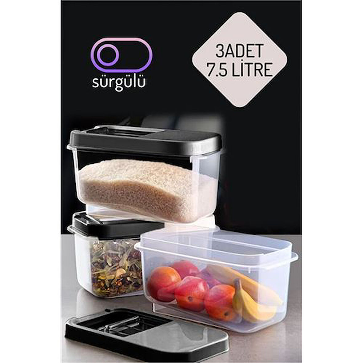 Modacar Erzak Bakliyat Saklama Kabı 3 lü Set 7.5 Lt Antrasit