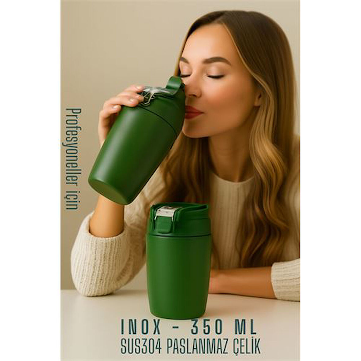 Inox Çelik Kahve Bardağı - 350 ml  SUS304 Çelik Termos Profesyonel YEŞİL
