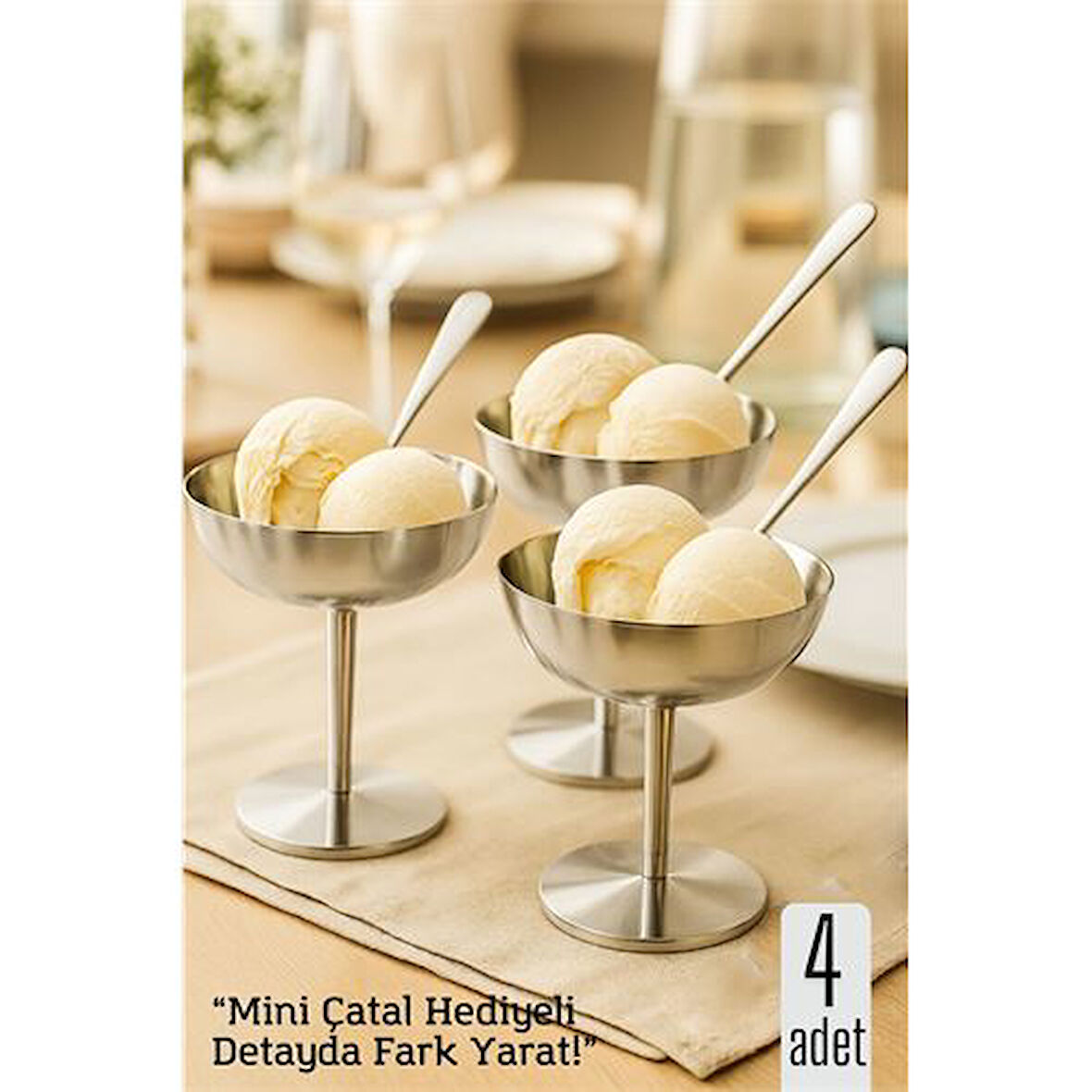 4 lü Gümüş Inox Çelik Ayaklı Dondurma ve Sunum Kasesi – Tatlı, Lokum ve Sunum Kabı