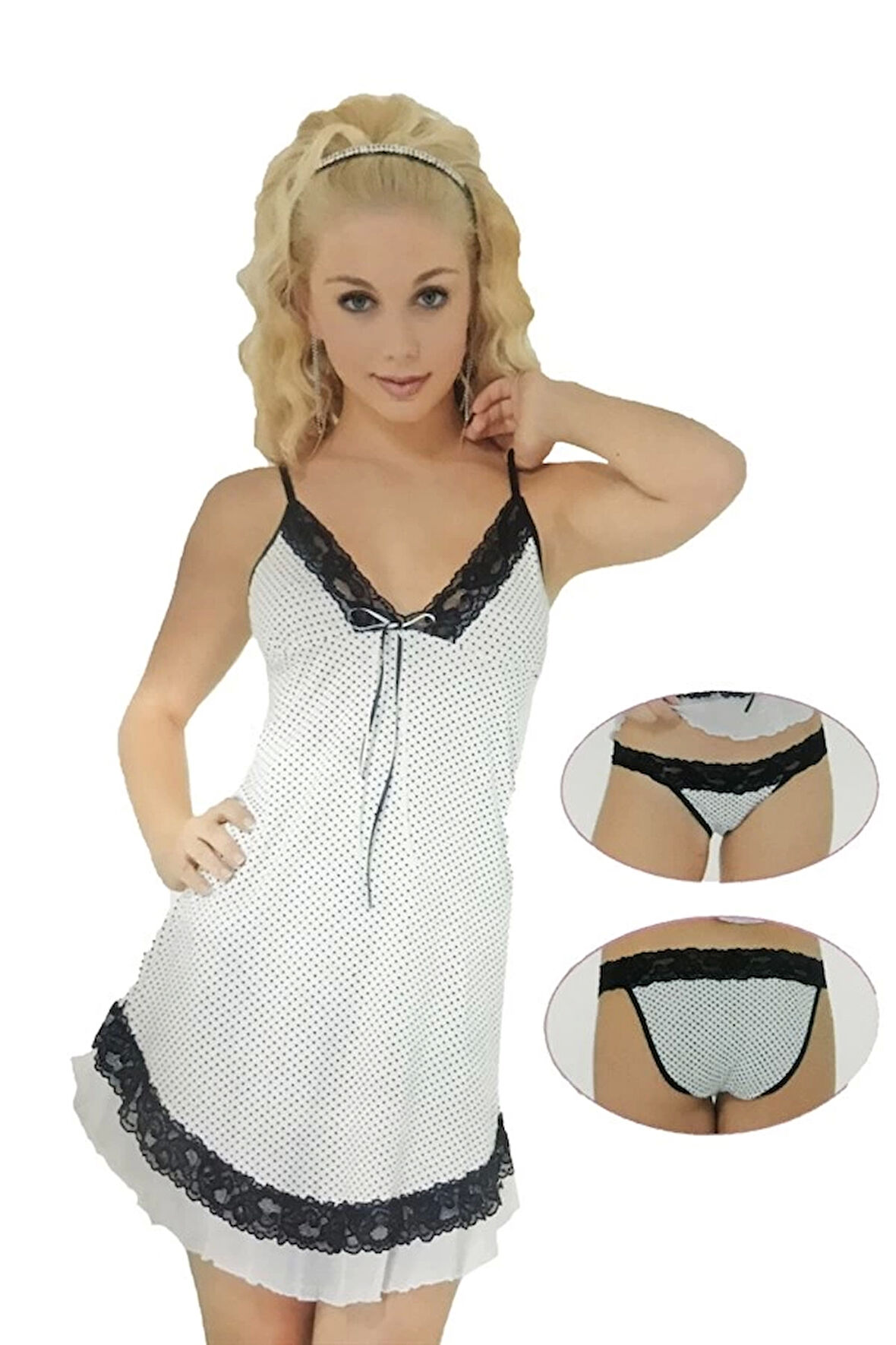 Pınar Beyaz Puantiyeli Gecelik ve KülotTakımı