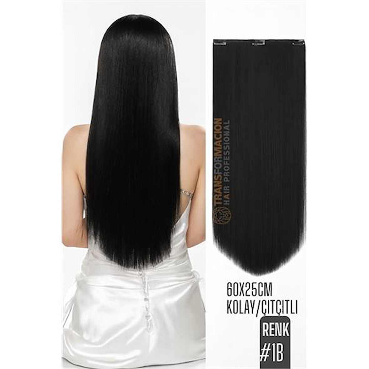 Doğal Görünümlü Düz Siyah Sentetik Kaynak Saç – RENK KOD:#1B  Kolay Tak Çıkar, Işıltılı Etki!