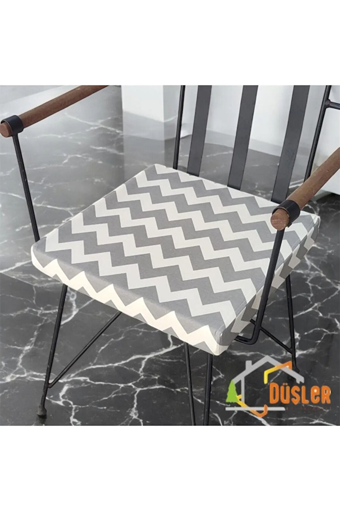 40x40 Krem Gri Zikzak Desenli Su ve Leke İtici Fermuarlı Bağcıklı Sandalye Minderi 5 cm
