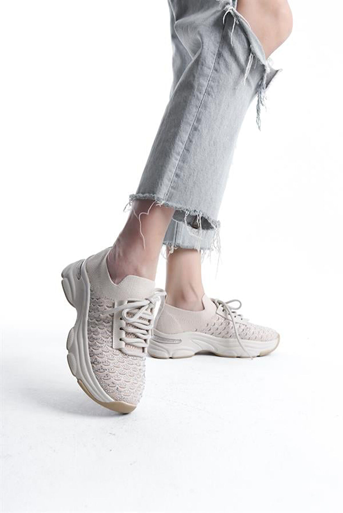 Kadın Ten Triko Taşlı Spor Ayakkabı & Sneaker