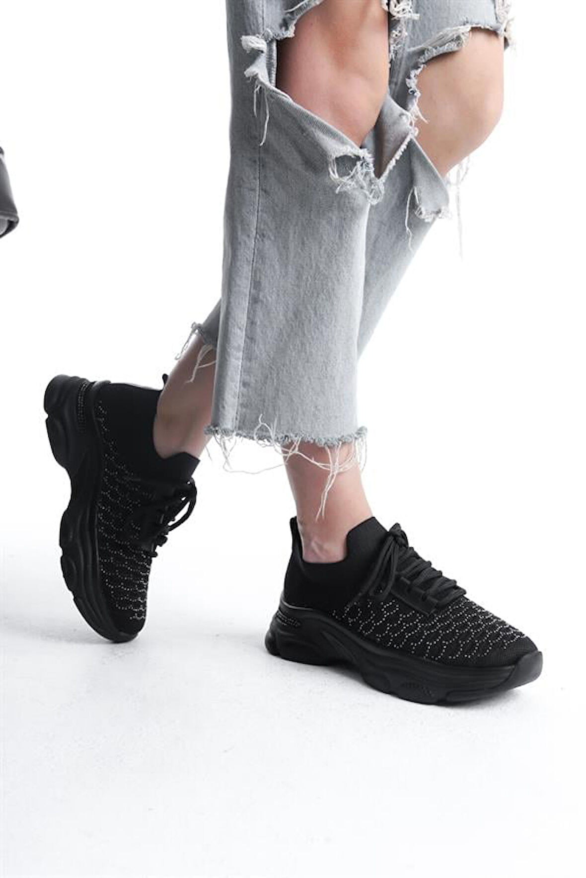 Kadın Siyah Triko Taşlı Spor Ayakkabı & Sneaker