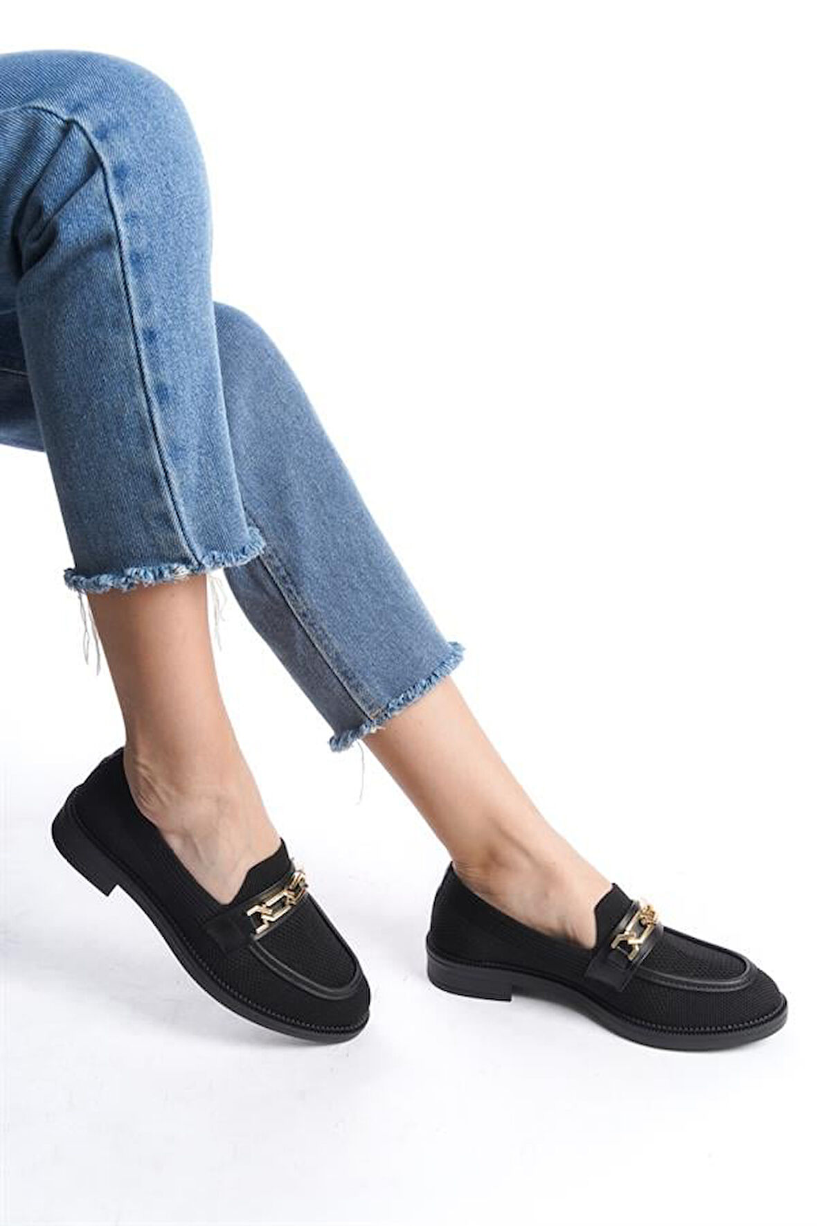 Kadın Eyzy Siyah Triko Tokalı Lofer Mokosen Babet Ayakkabı